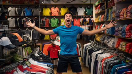 Fototapeta na wymiar Young man making funny gestures with products in sports shops Lively atmosphere Entertainment products