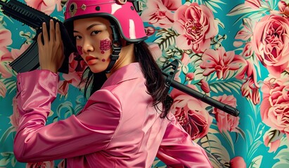 Fashionable Asian woman in pink outfit with futuristic rifle against floral backdrop