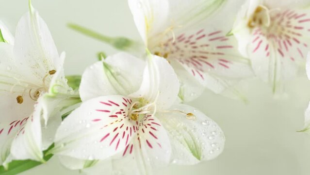 Floral background with a white alstroemeria with water drops on the petals rotates, macro.