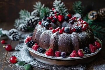 Fototapeta na wymiar Homemade Christmas chocolate cake with powdered sugar and berries