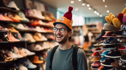 Young man trying on funny hats in the toy store Fun atmosphere Products that make you laugh 