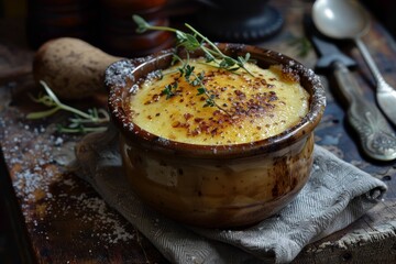 Homemade creme brulee in rustic porcelain pot with caramelized sugar