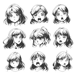 Anime manga girl face emotions, cute beautiful eyes japanese woman japan comic art character retro white black vector illustration