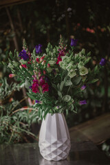 Flowers, bouquet, composition of beautiful fresh flowers with white, purple, pink, red and rose and a beautiful modern white vase