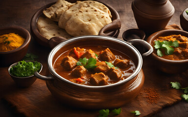 Spicy Indian curry, steaming, garnished with cilantro, clay pot, rustic table