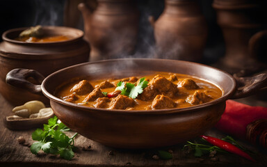 Spicy Indian curry, steaming, garnished with cilantro, clay pot, rustic table