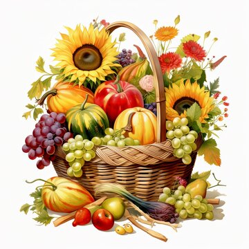 A vibrant harvest cornucopia overflowing with the rich bounty of summer, depicted in lush watercolor, symbolizing abundance and gratitude.