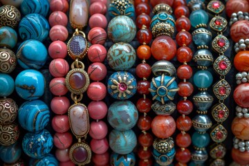 Close-up image focusing on the vivid colors and varied textures of beaded bracelets - obrazy, fototapety, plakaty