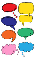 Brightly coloured speech bubbles with black pen outline effect. Hand drawn vector shapes.