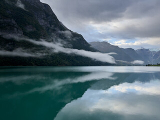 Autumn landscape in Briksdalbreen glacier valley in South Norway, Europe.
