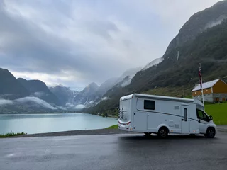 Foto op Aluminium Motorhome camper in Briksdal glacier valley in south Norway. Europe © Alberto Gonzalez 