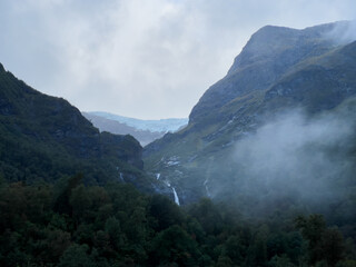 Autumn landscape in Briksdalbreen glacier valley in South Norway, Europe.