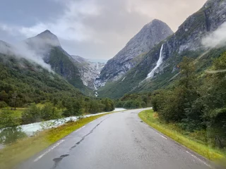 Wandaufkleber Road in Briksdal glacier valley in south Norway. Europe © Alberto Gonzalez 