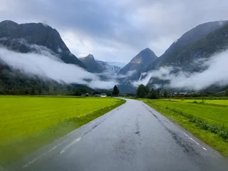 Fototapete Rund Road in Briksdal glacier valley in south Norway. Europe © Alberto Gonzalez 