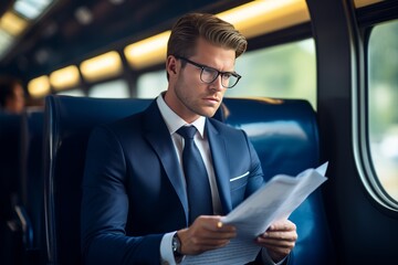  young man wearing glasses Wear a navy blue suit Sit and read documents intently. on a moving train The light from the lamp shines 