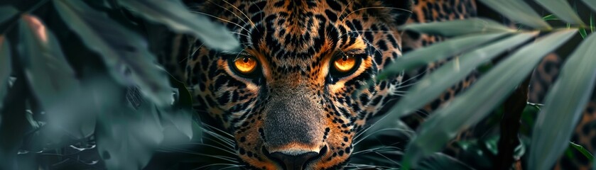 Leopards eyes glowing in twilight, dense jungle, mysterious aura, no people, closeup , photographic style - obrazy, fototapety, plakaty