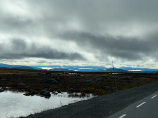 Autumn road in Trondheim to Oslo road, south Norway. Europe