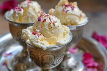 Indian dessert made from creamy kulfi with falooda and rose syrup similar to ice cream with saffron and cardamom flavor - obrazy, fototapety, plakaty