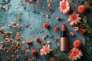A composition featuring a lipstick surrounded by flowers and berries, setting a whimsical beauty mood