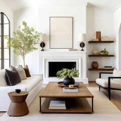 Obraz premium Farmhouse interior design of modern living room, home. White sofa and chair near fireplace.
