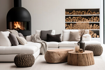 Obraz premium Farmhouse, country interior design of modern living room, home. Tree stump coffee table set near white sofa against wall with fireplace and firewood.