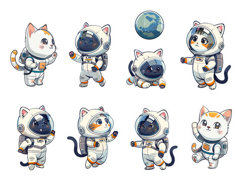 Cartoon cat astronaut in different poses, cute cats space cosmonaut cosmic animal pet characters set isolated vector illustration