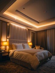 Luxury hotel room ready for guests, pristine condition, soft lighting, no people, wide angle , cinematic
