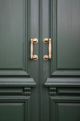 Golden door handles on green wooden doors.  Vertical shot