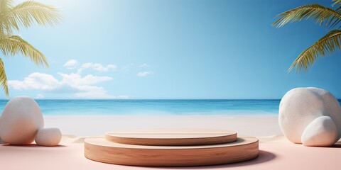 Summer beach landscape scene with a podium for product display, blue sky and palm trees