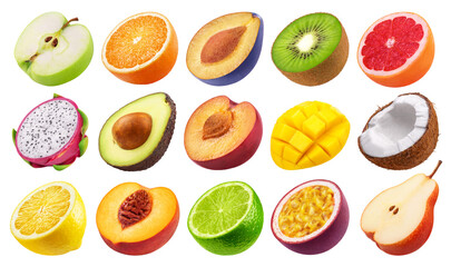 Fruits isolated set. Collection of halves of orange, passion fruit, apple, pear, plum on a...