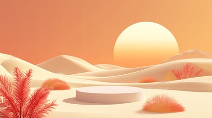 retro Abstract landscape scene with a podium for product, sunset in the desert