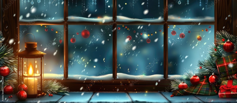 Poster a festive window display with a lantern and christmas tree in front of it, adding a touch of holiday