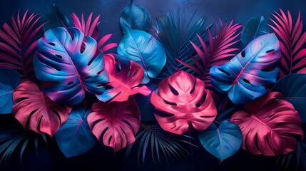 Vibrant tropical leaves on blue background