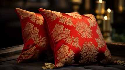 A red and white pillow sitting on top of a couch