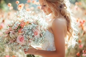 Close-up of a bride holding a delicate bouquet with a mix of roses and baby's breath in a dreamy, sunlit setting - Powered by Adobe