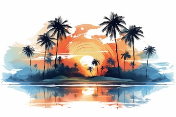 Vibrant Tropical Sunset and Palm Tree Reflection Illustration