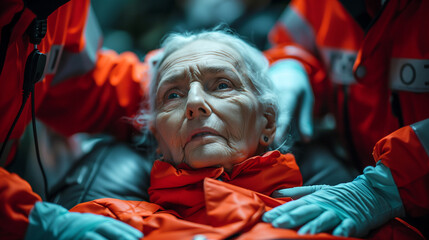 Obraz premium Old senior woman. Heart attack, medical injury or fire. Police hotline. Hospital assistance, paramedic or doctor. Elder person needs help. Ambulance, sos.