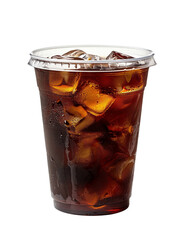 iced black coffee in a transparent plastic cup with white background transparent ,front view


