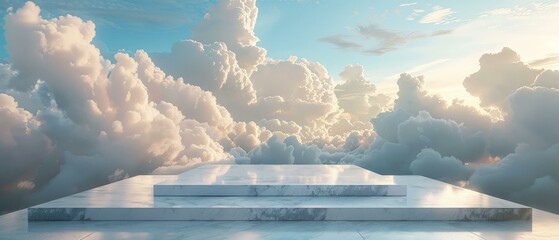 Soft morning clouds embrace the 3D podium a stage design - obrazy, fototapety, plakaty