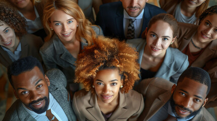 Top view high angle shot from above group portrait of businesspeople standing together, looking up at camera and smiling.