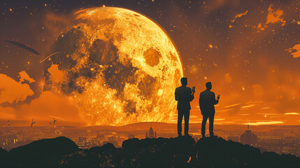 Two men standing on a hill looking at a large orange moon. The sky is filled with stars and the moon is surrounded by clouds - obrazy, fototapety, plakaty
