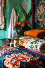 Fototapeta na wymiar colorful towels, a patterned robe, a person receiving a massage with exotic floral oils