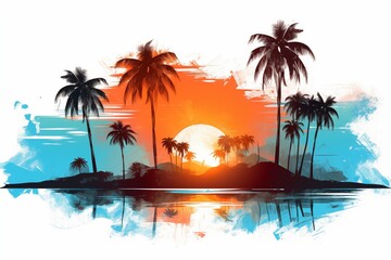 Fototapeta na wymiar Vibrant Digital Art of a Tropical Sunset with Palm Trees