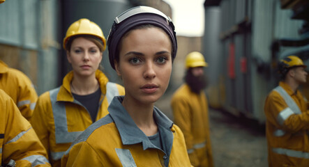 multi-ethnic women factory or mine workers, fictional place and job