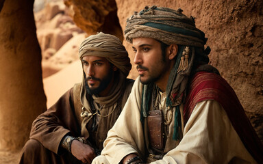 Arab looking two men in a mountain region, fictional location