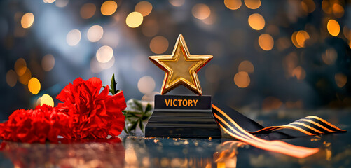 Gold star, word victory written, red carnation and George ribbon. Symbols Victory day 9 May. Veterans day.1941-1945