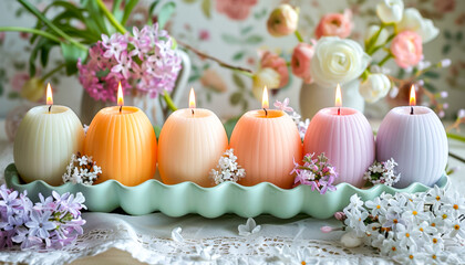 Pastel Colored Easter Candles in Egg Shapes with Spring Flowers. Celebration spring holiday Easter, Spring Equinox day, Ostara Sabbat.