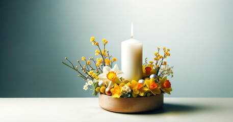 Composition with Scented Candle in  Bowl Surrounded by Yellow Daffodils Flowers and Spring Blossom Twigs.Celebration spring holiday Easter, Spring Equinox