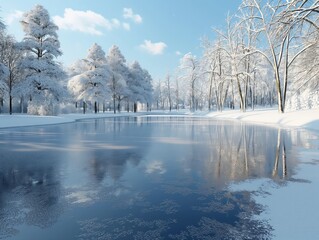 A winter scene with a frozen lake and snow-covered trees. The water is calm and still, reflecting the sky and the trees. Scene is peaceful and serene, with the beauty of nature on display