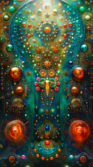 A humanoid form is at the center of a cosmic awakening, surrounded by an intricate array of celestial orbs and patterns
